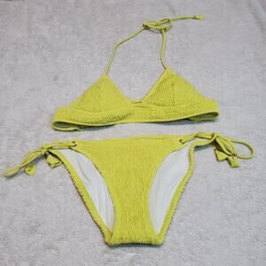 Victoria's Secret Neon Yellow Tied Halter Swim Sexy Bikini Small Bottom Medium